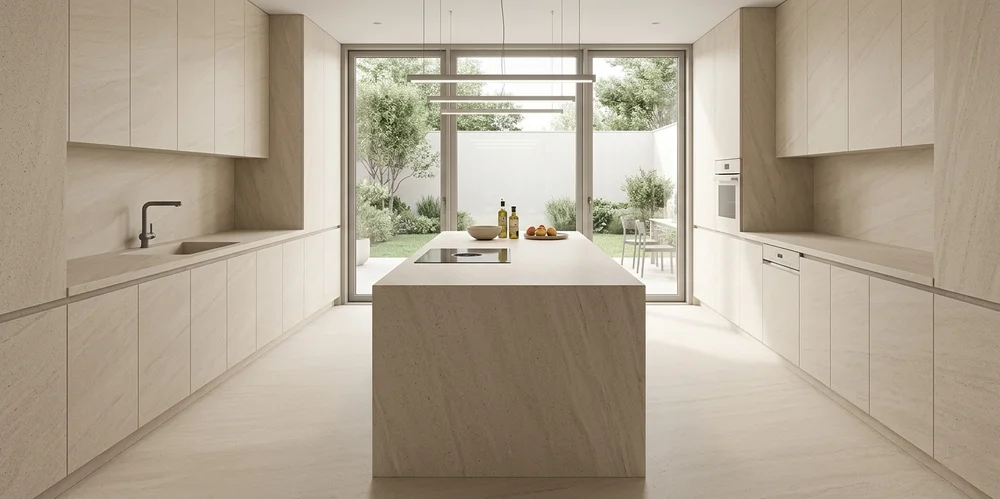 ไอเดียการแต่งห้องนั่งเล่นและห้องอาหารด้วยกระเบื้อง SandStone Beige